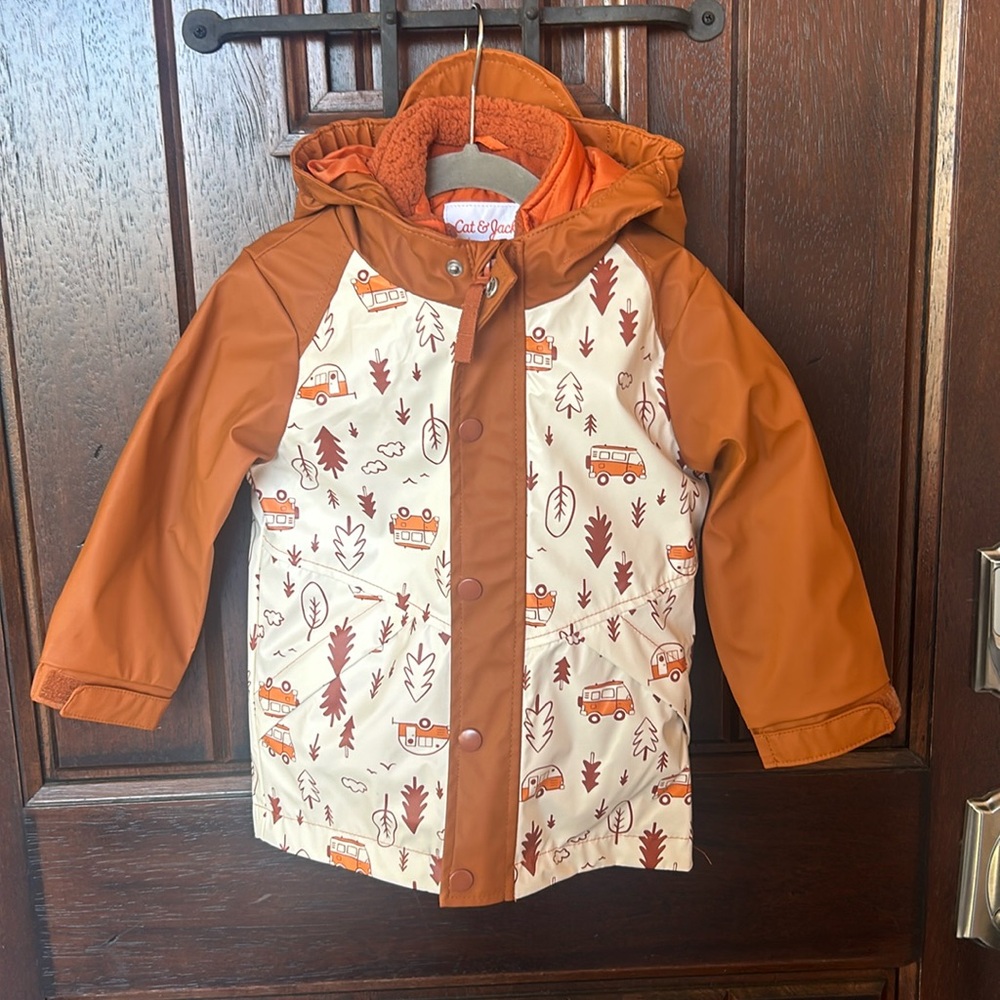 Cat and Jack toddler long sleeve rain coats with camper forest print